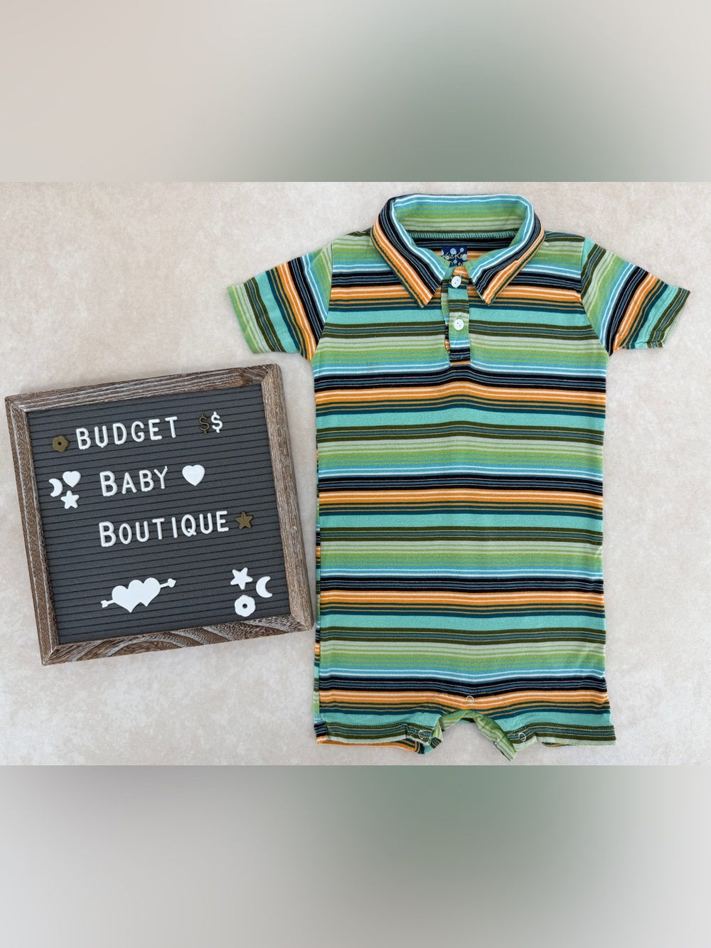 Kickee Pants Striped Polo Romper - Green, Blue & Orange